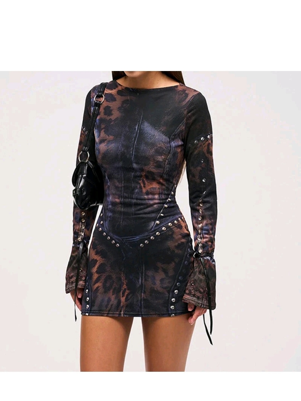 Murci Leopard Print Studded Mini Dress - Black & Brown